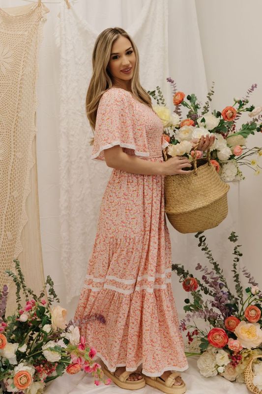 THE DANA SMOCKED MAXI DRESS IN CORAL