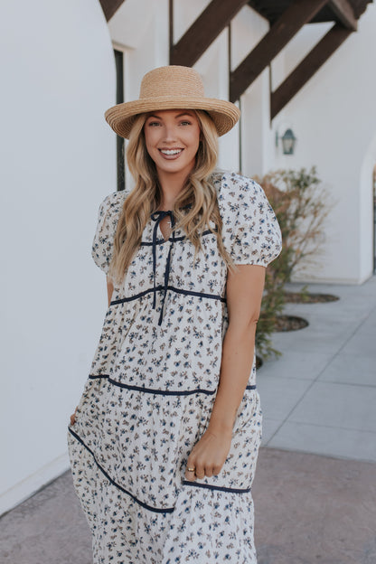 THE MARIANA FLORAL TIERED MIDI DRESS IN CREAM