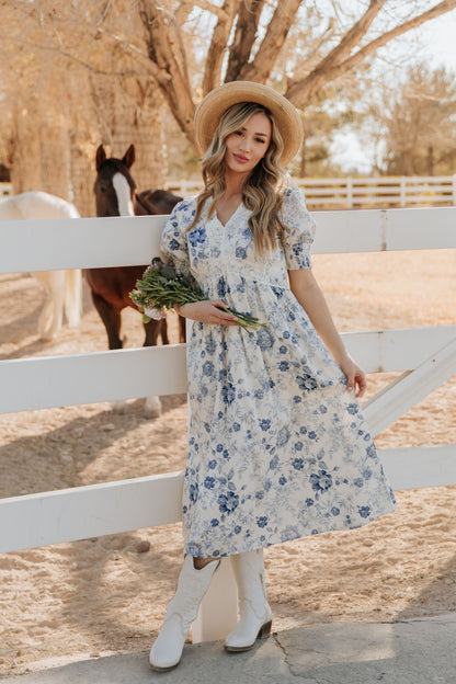 THE CONSTANCE ANTIQUE FLORAL MIDI DRESS IN BLUE