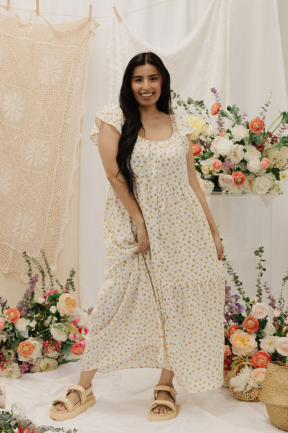 THE SESSALY FLORAL BUTTON UP MIDI DRESS IN YELLOW