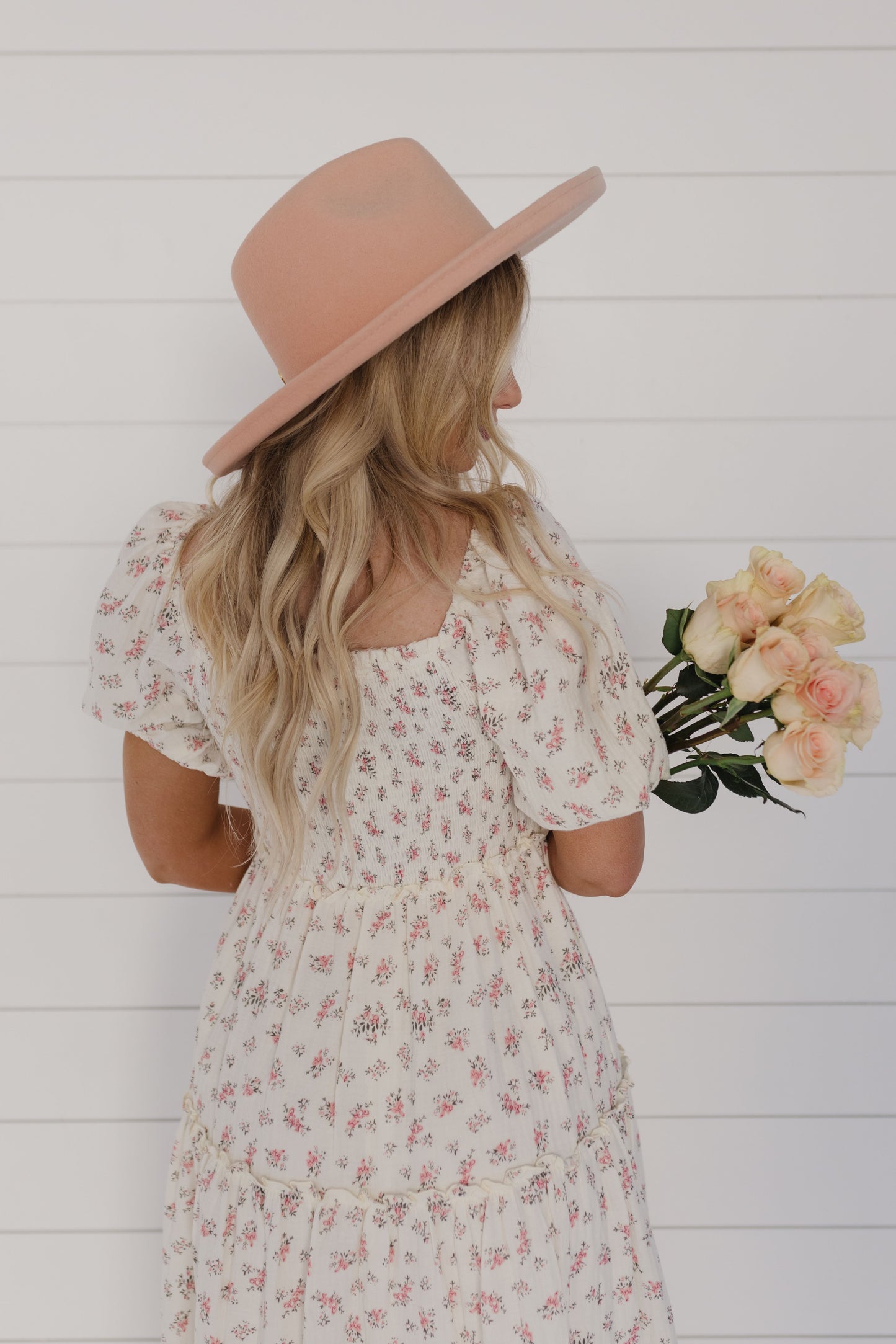 THE ADELAIDE FLORAL MIDI PUFF SLEEVE DRESS IN PINK