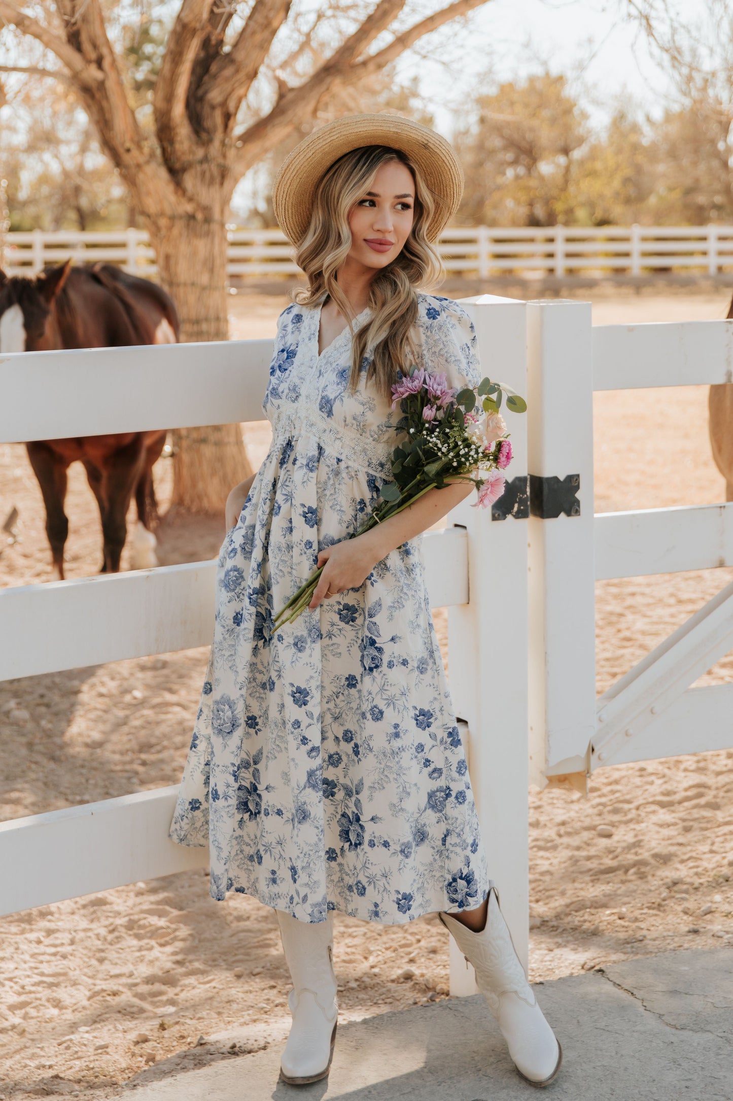 THE CONSTANCE ANTIQUE FLORAL MIDI DRESS IN BLUE