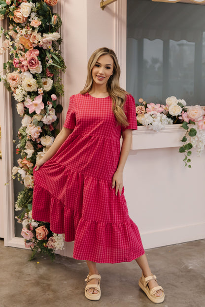 THE GILLIAN GINGHAM TIERED DRESS IN HOT PINK