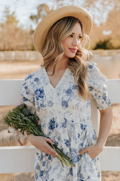 THE CONSTANCE ANTIQUE FLORAL MIDI DRESS IN BLUE