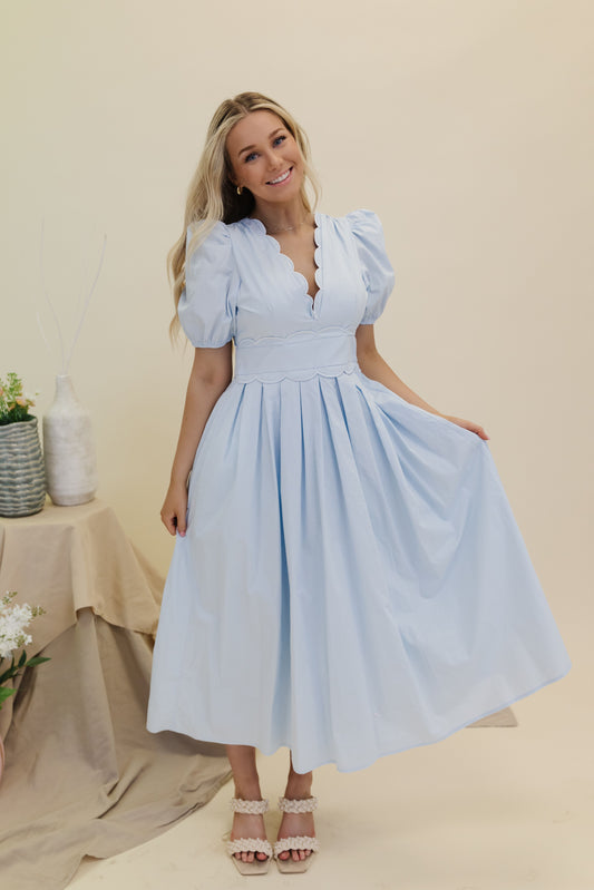 THE ELLA SCALLOPED MIDI DRESS IN BABY BLUE