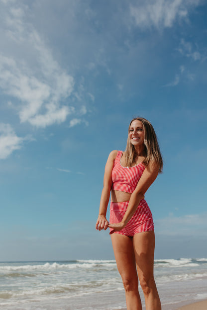 BEACHCOMBER SPORTY SWIM TOP IN RED GINGHAM BY PINK DESERT