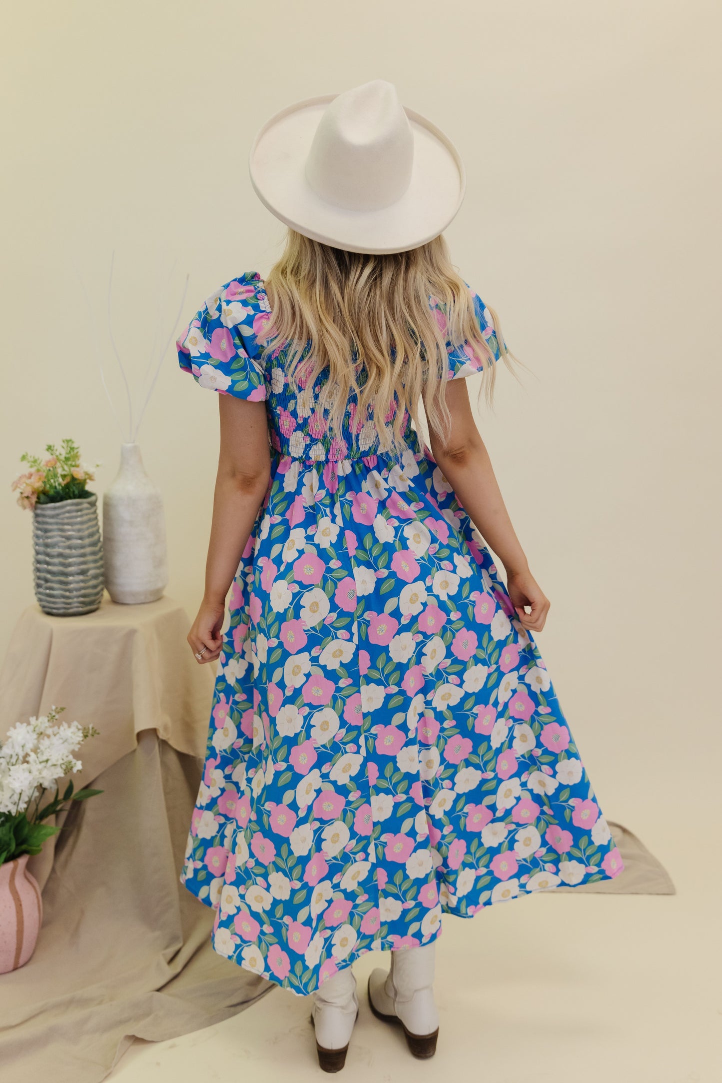 THE SCARLETT FLORAL MIDI DRESS IN PINK AND BLUE