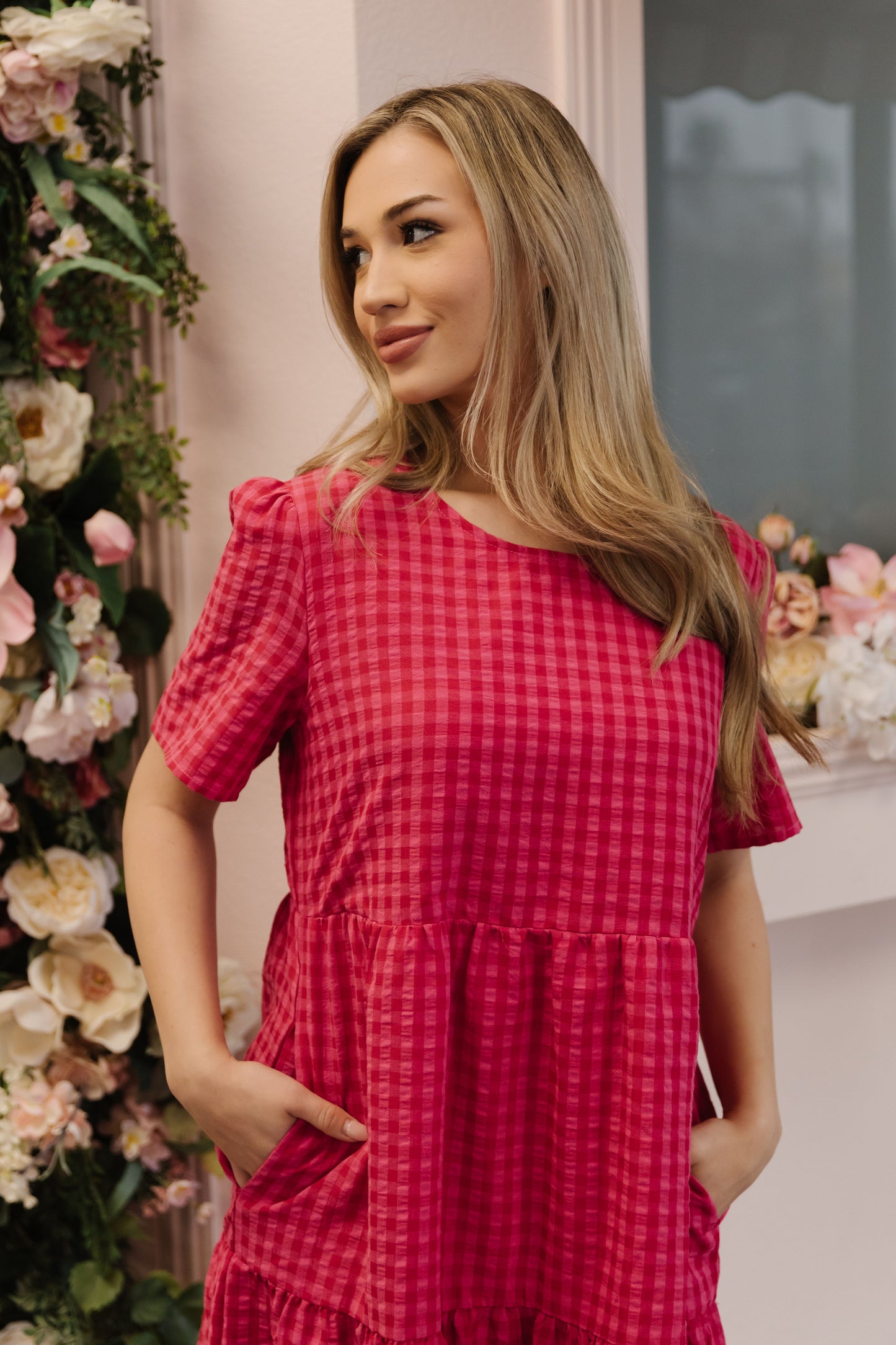 THE GILLIAN GINGHAM TIERED DRESS IN HOT PINK