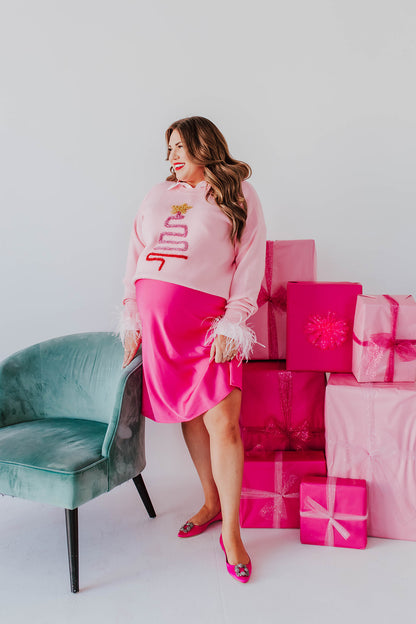 THE SATIN MIDI SKIRT IN BARBIE PINK PLUS SIZE