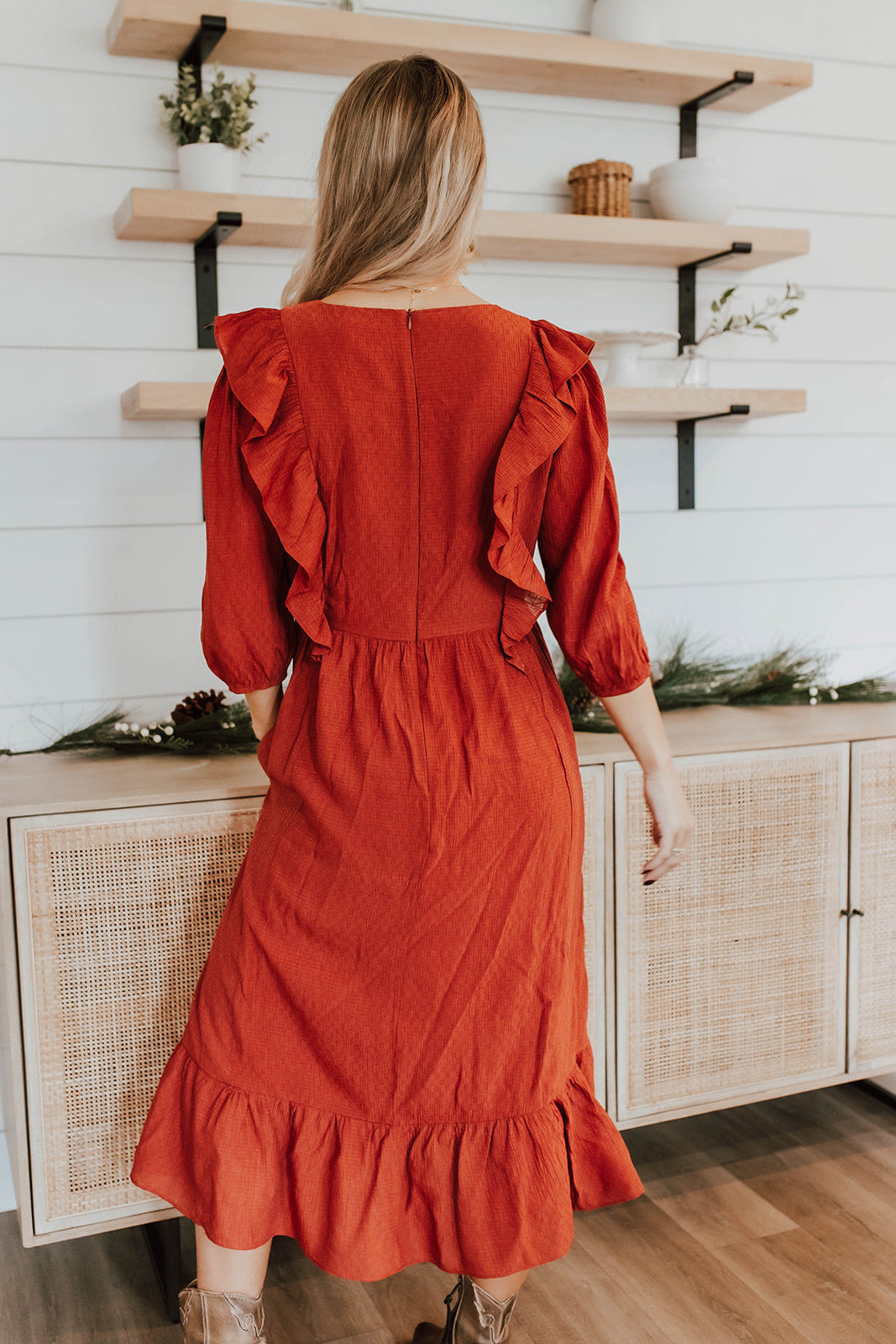 Red ruffle hot sale midi dress