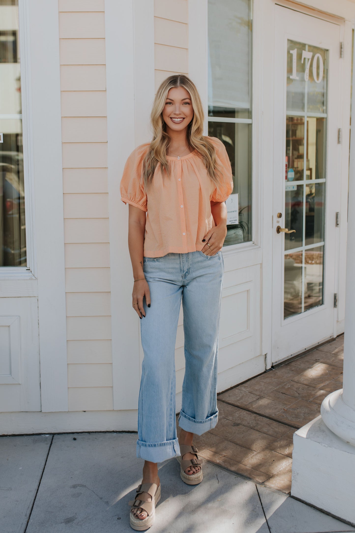 THE MINNIE CHECKERED BUTTON UP BLOUSE IN CORAL