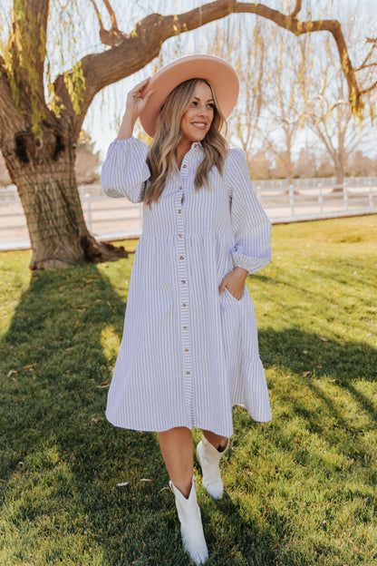 THE TASSA STRIPED BUTTON UP MIDI DRESS IN WHITE