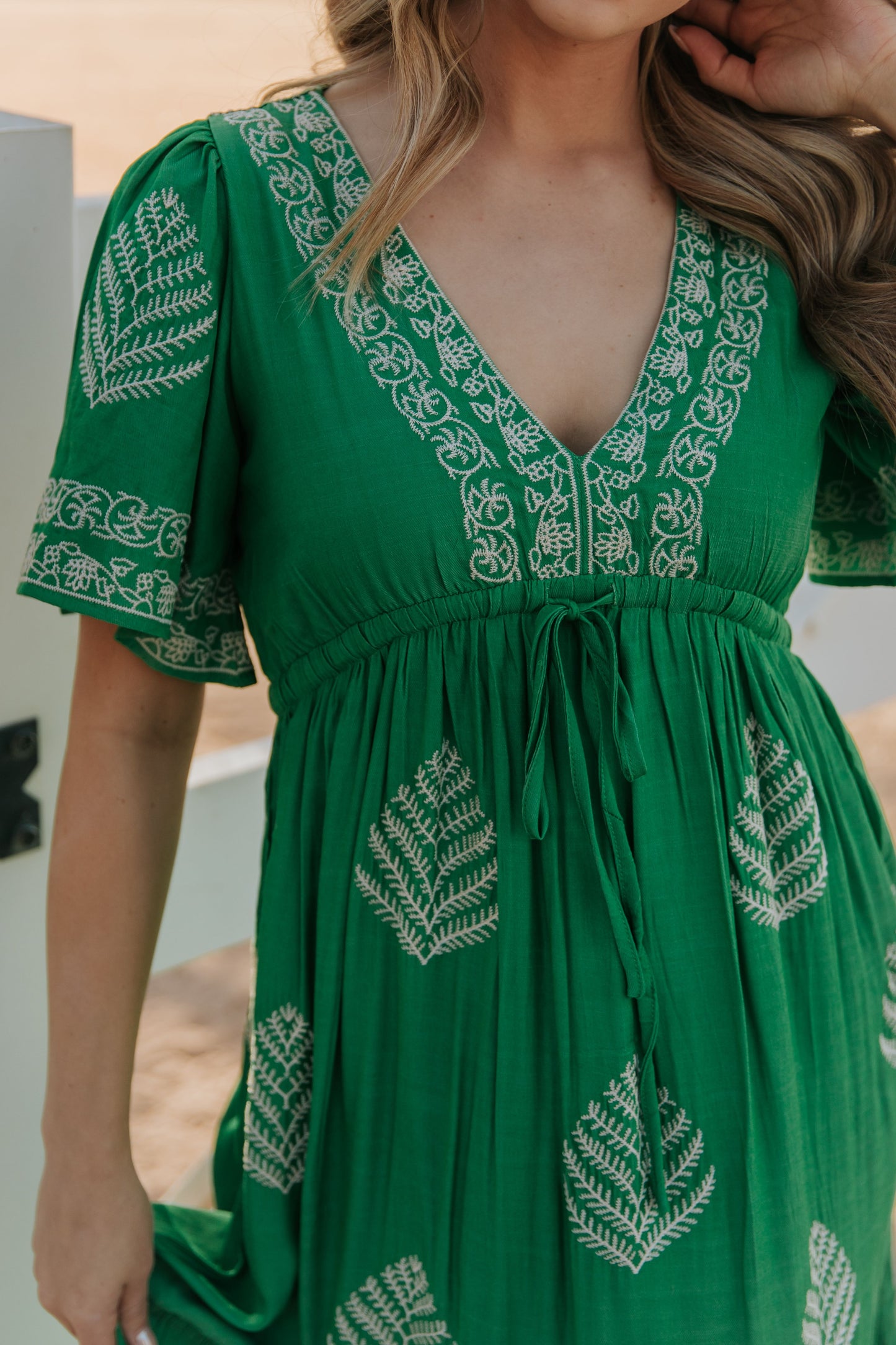 THE RAYLEIGH EMBROIDERED MAXI DRESS IN SPRING GREEN