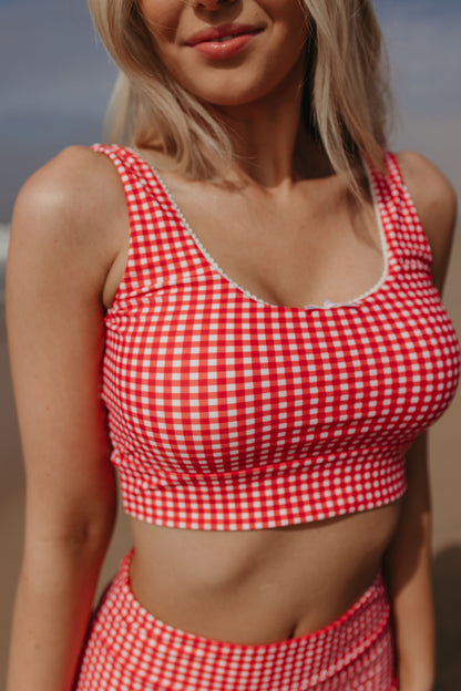 BEACHCOMBER SPORTY SWIM TOP IN RED GINGHAM BY PINK DESERT