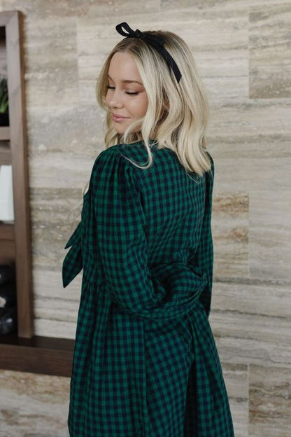 THE CELESTE CHECKERBOARD MINI DRESS IN GREEN