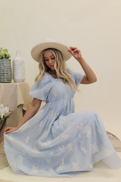 THE CAMILE PUFF SLEEVE MIDI DRESS IN POWDER BLUE