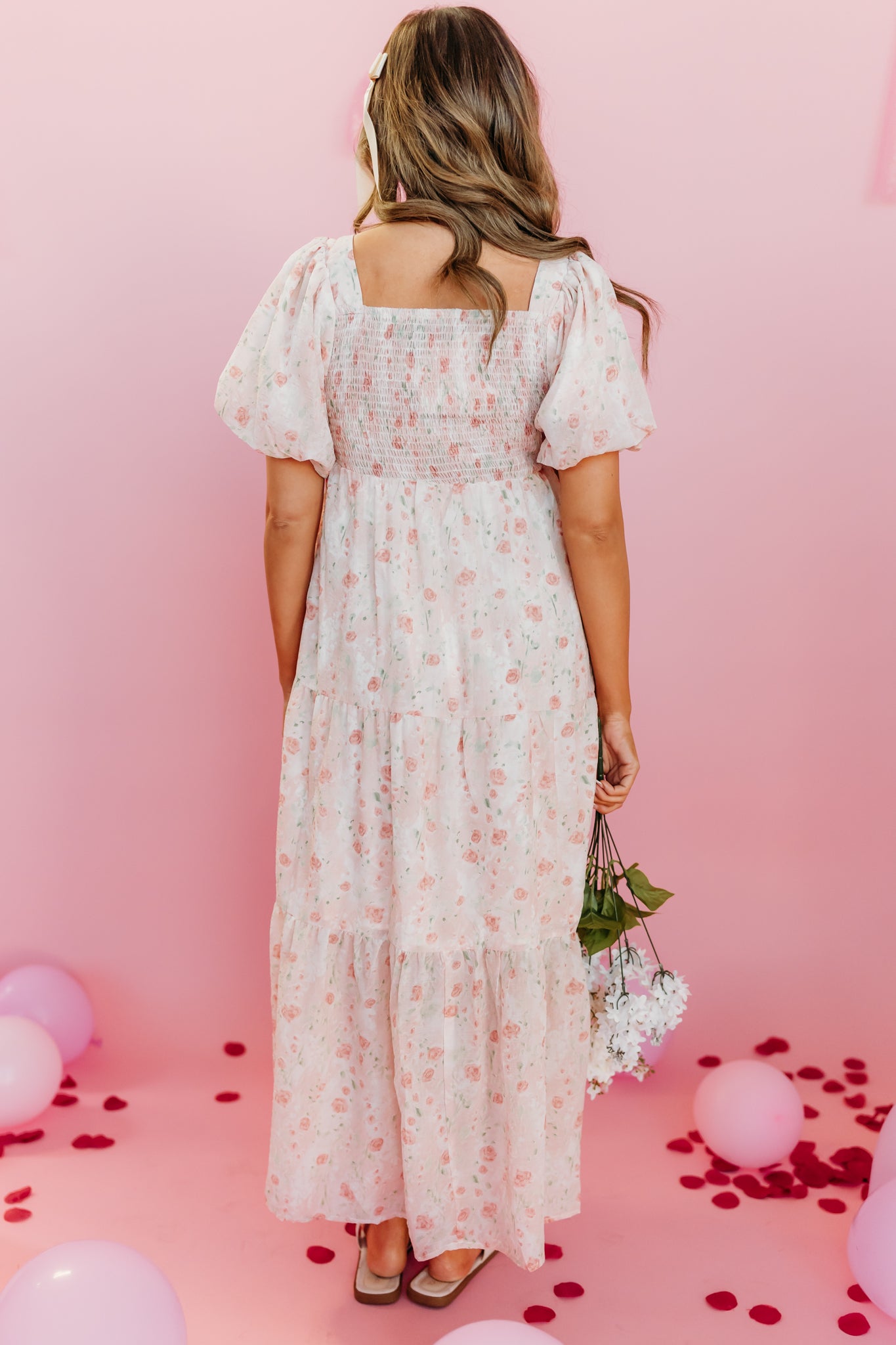 THE TRINITY TIERED FLORAL MIDI DRESS IN BLUSH