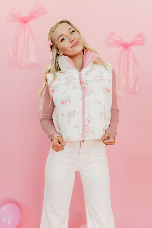 THE FREYA FLORAL PUFFER VEST IN PINK