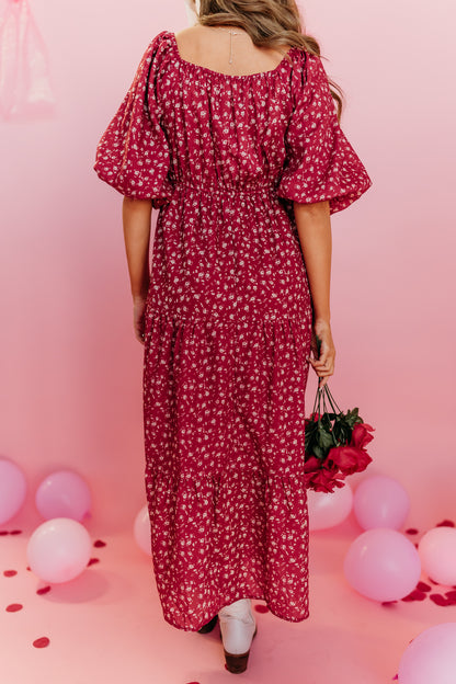 THE GRACE FLORAL MIDI DRESS IN DARK RED