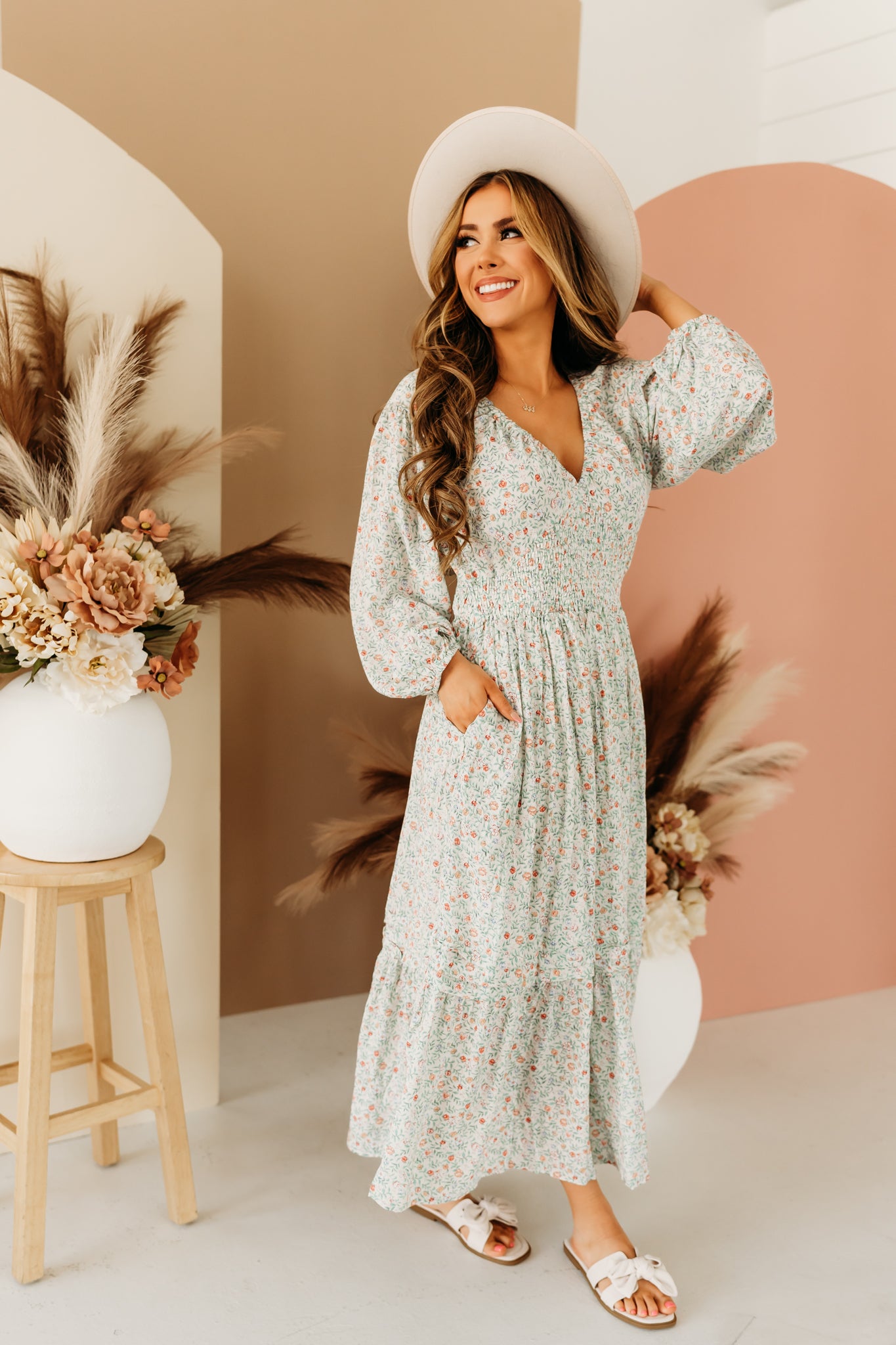 THE SWEET PEA FLORAL MAXI DRESS IN LIGHT SAGE