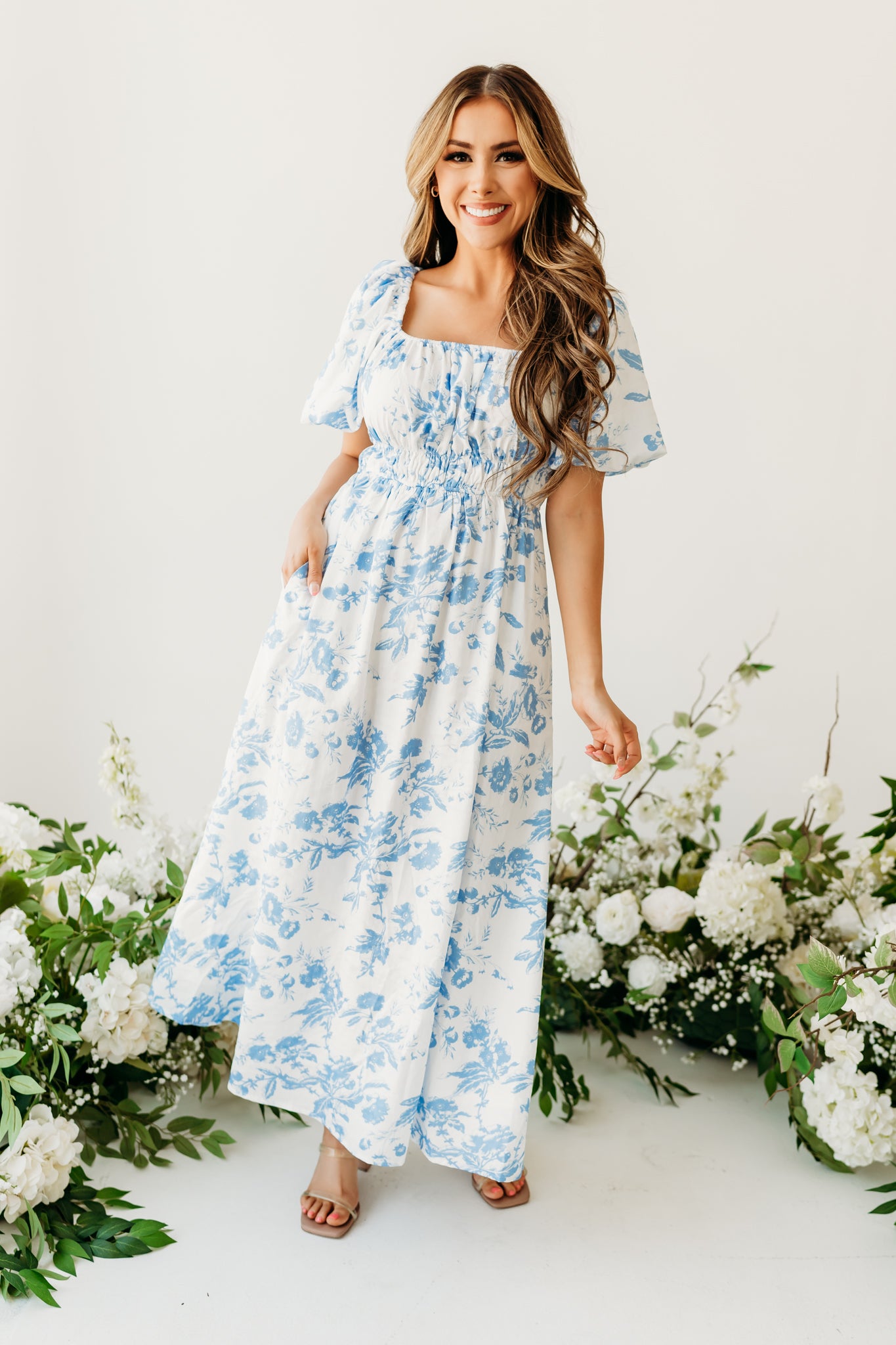 THE TENLEY TEXTURED MIDI DRESS IN BLUE FLORAL