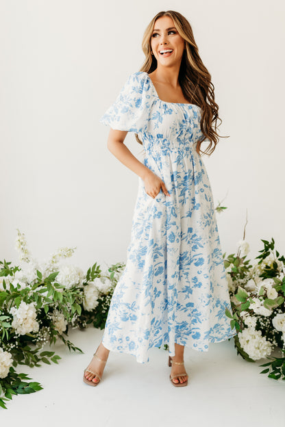 THE TENLEY TEXTURED MIDI DRESS IN BLUE FLORAL