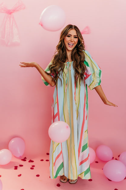 THE FLORA POPLIN STRIPE MAXI DRESS IN GREEN AND PINK