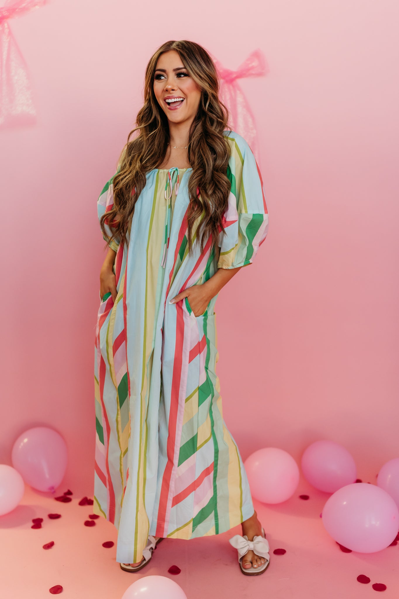 THE FLORA POPLIN STRIPE MAXI DRESS IN GREEN AND PINK