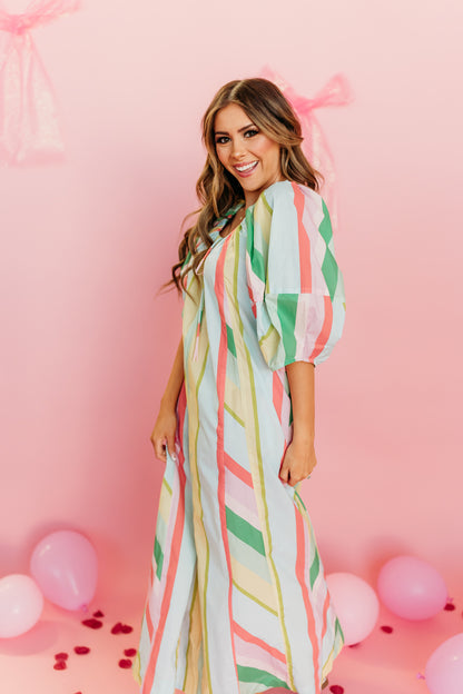 THE FLORA POPLIN STRIPE MAXI DRESS IN GREEN AND PINK