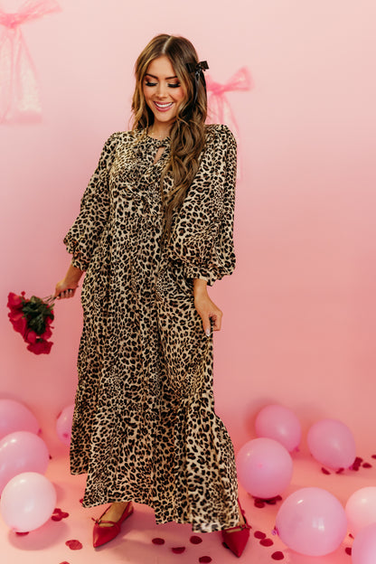 THE TIMBERLY LEOPARD MIDI DRESS IN TAUPE