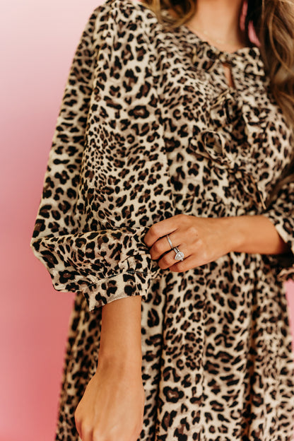 THE TIMBERLY LEOPARD MIDI DRESS IN TAUPE