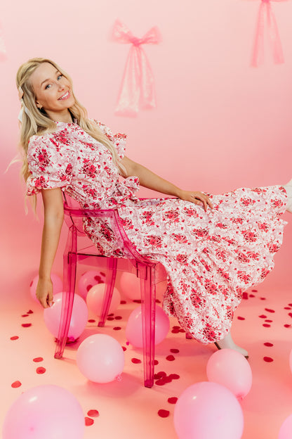 THE PIA POPLIN FLORAL MIDI DRESS IN RED