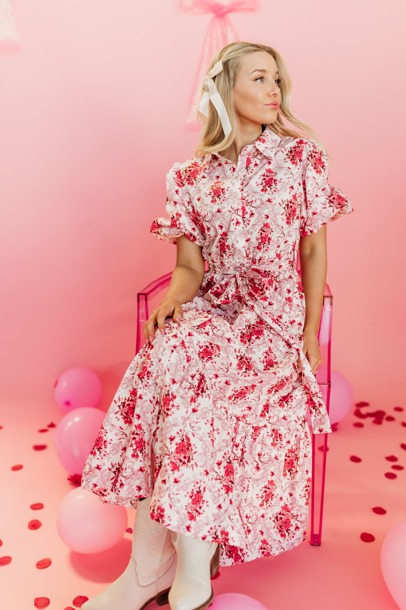 THE PIA POPLIN FLORAL MIDI DRESS IN RED