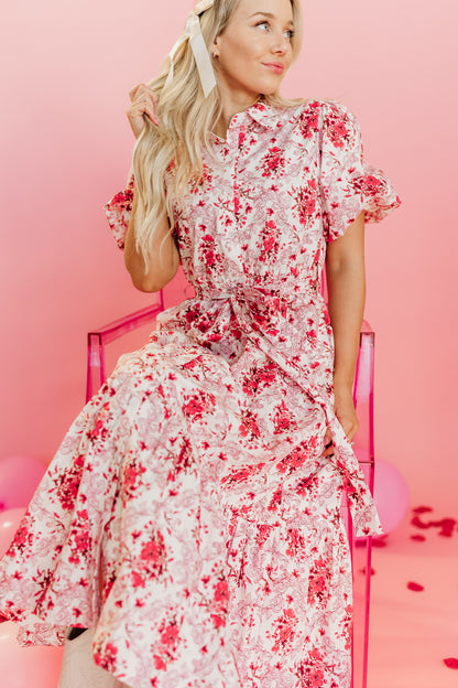 THE PIA POPLIN FLORAL MIDI DRESS IN RED