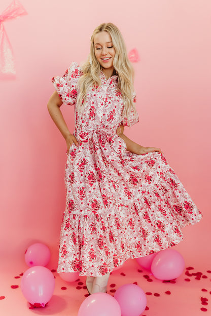 THE PIA POPLIN FLORAL MIDI DRESS IN RED