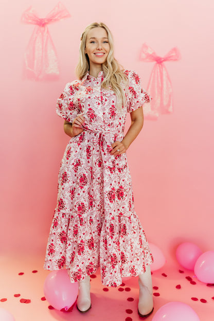 THE PIA POPLIN FLORAL MIDI DRESS IN RED