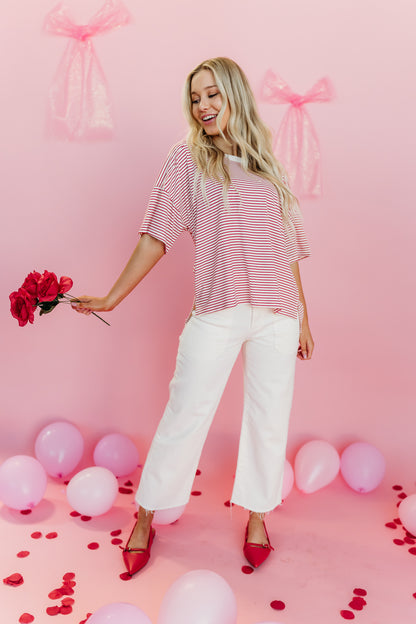 THE BRENNA BASIC STRIPED SHORT SLEEVE TOP IN RED