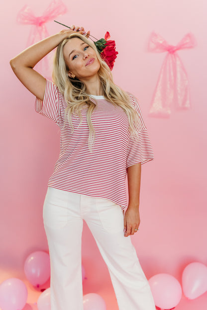 THE BRENNA BASIC STRIPED SHORT SLEEVE TOP IN RED