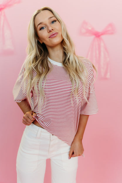 THE BRENNA BASIC STRIPED SHORT SLEEVE TOP IN RED