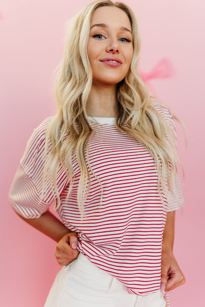 THE BRENNA BASIC STRIPED SHORT SLEEVE TOP IN RED