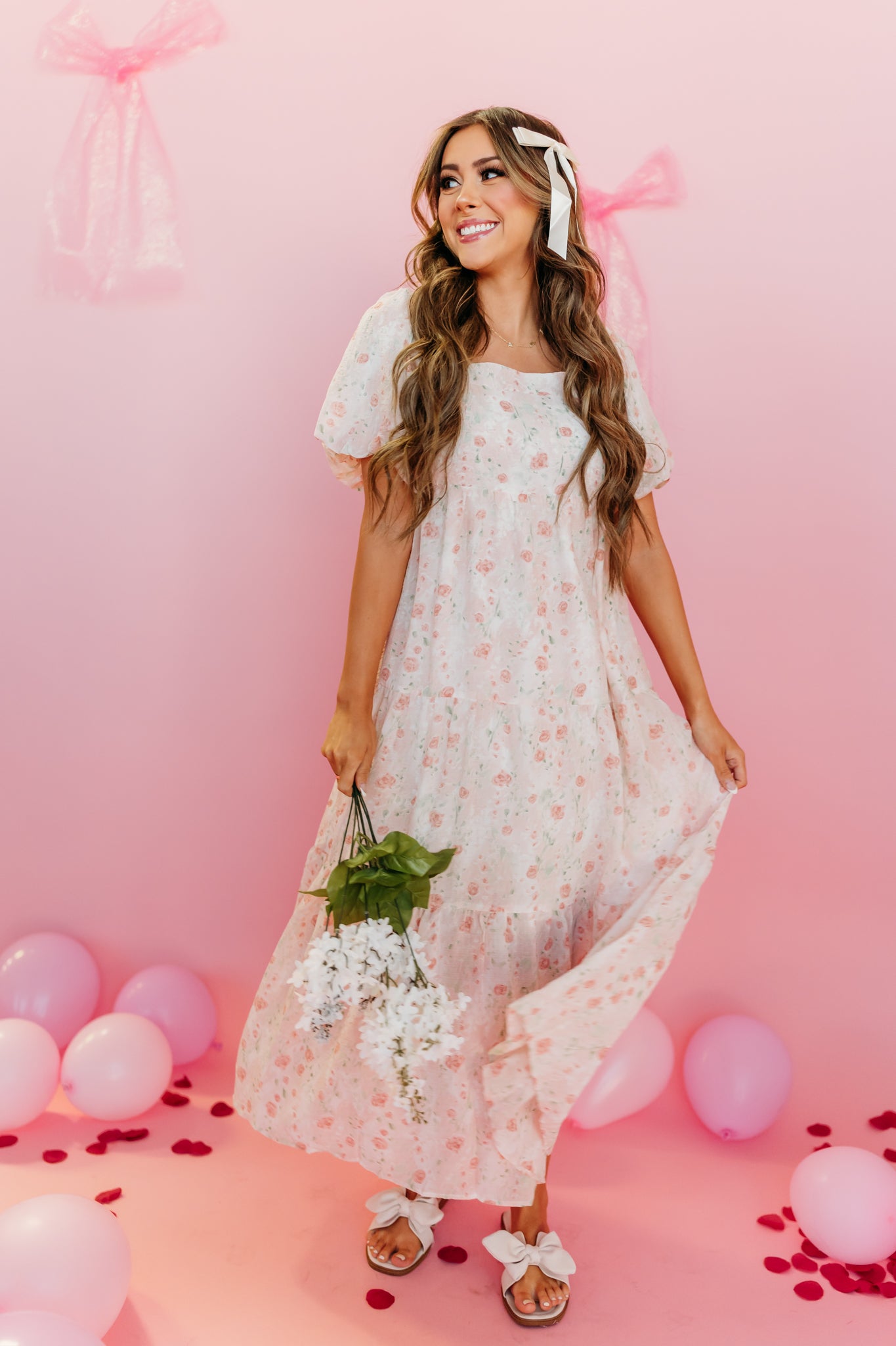 THE TRINITY TIERED FLORAL MIDI DRESS IN BLUSH