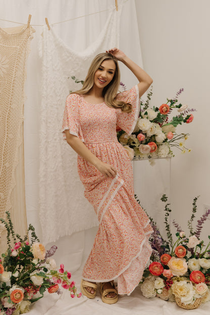 THE DANA SMOCKED MAXI DRESS IN CORAL