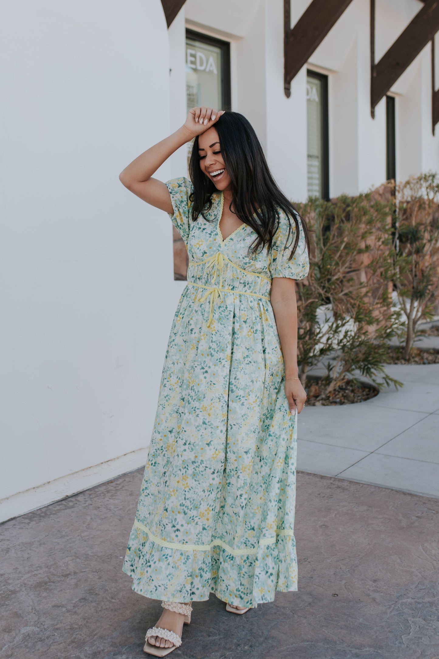 THE CARSON FLORAL DRESS IN LEMONGRASS