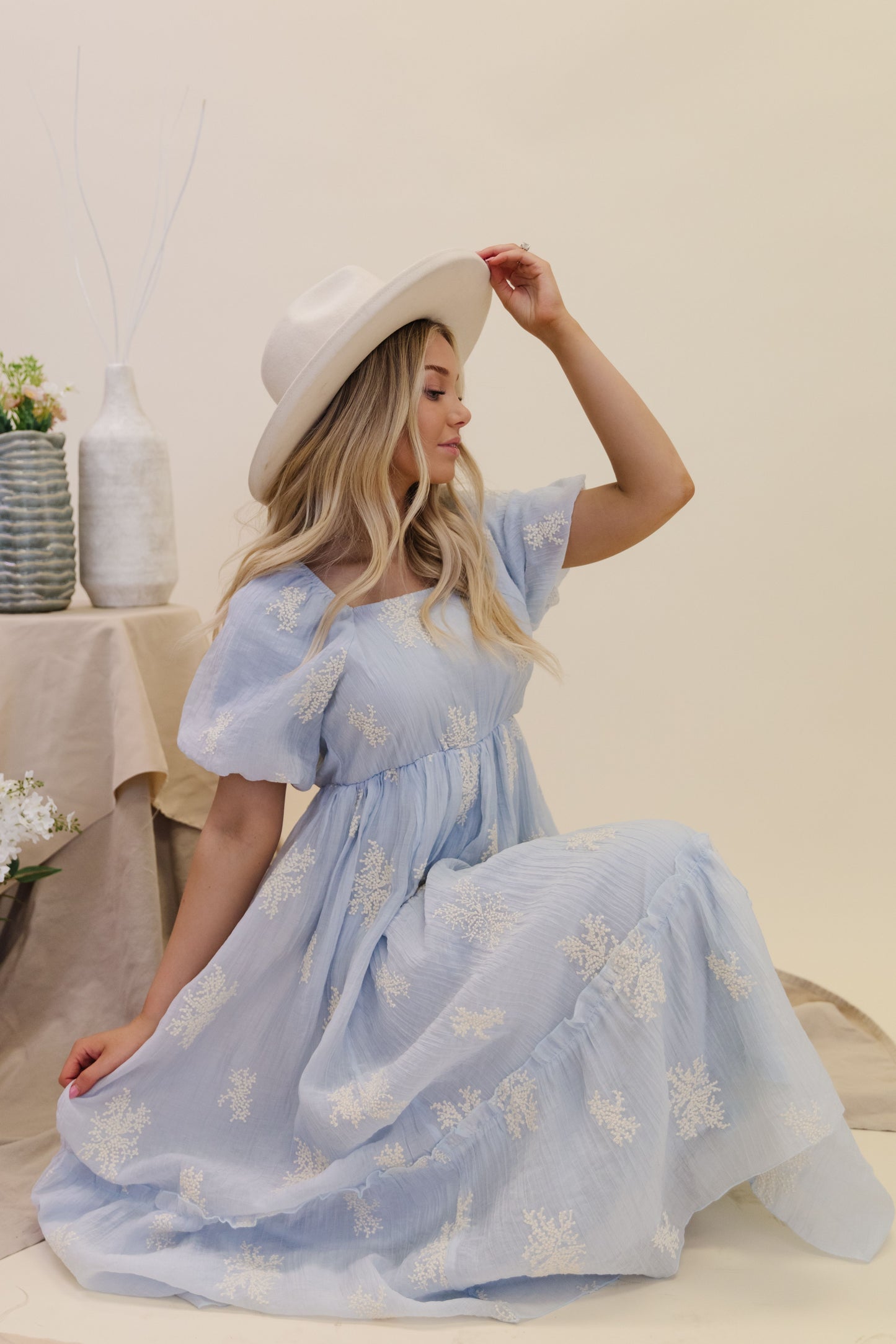 THE CAMILE PUFF SLEEVE MIDI DRESS IN POWDER BLUE