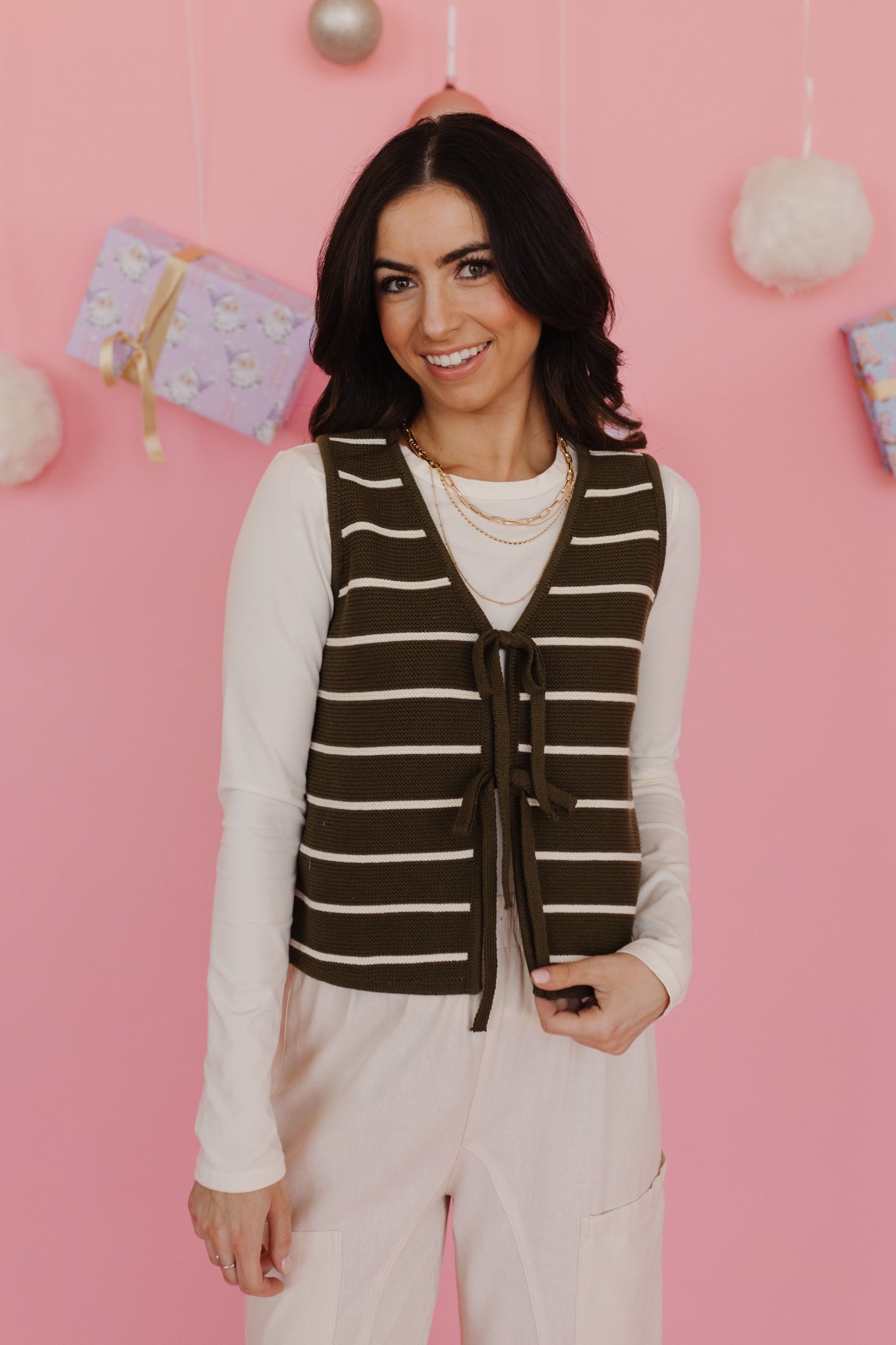 THE KENNY TIE FRONT KNIT VEST IN OLIVE STRIPE