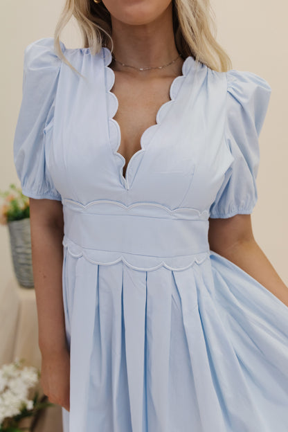 THE ELLA SCALLOPED MIDI DRESS IN BABY BLUE