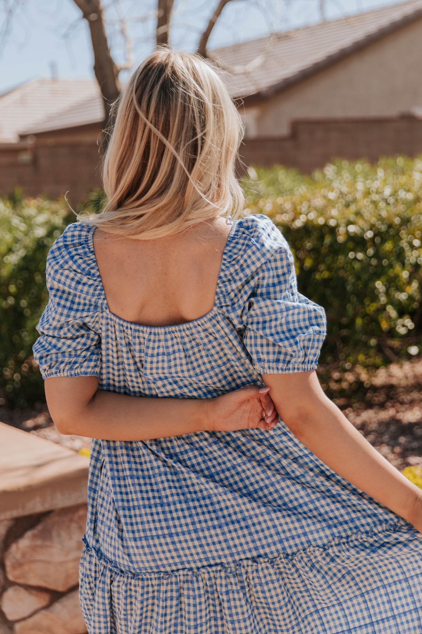 THE MONAE CHECKER PRINT MAXI DRESS IN BLUE