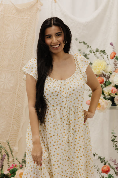 THE SESSALY FLORAL BUTTON UP MIDI DRESS IN YELLOW