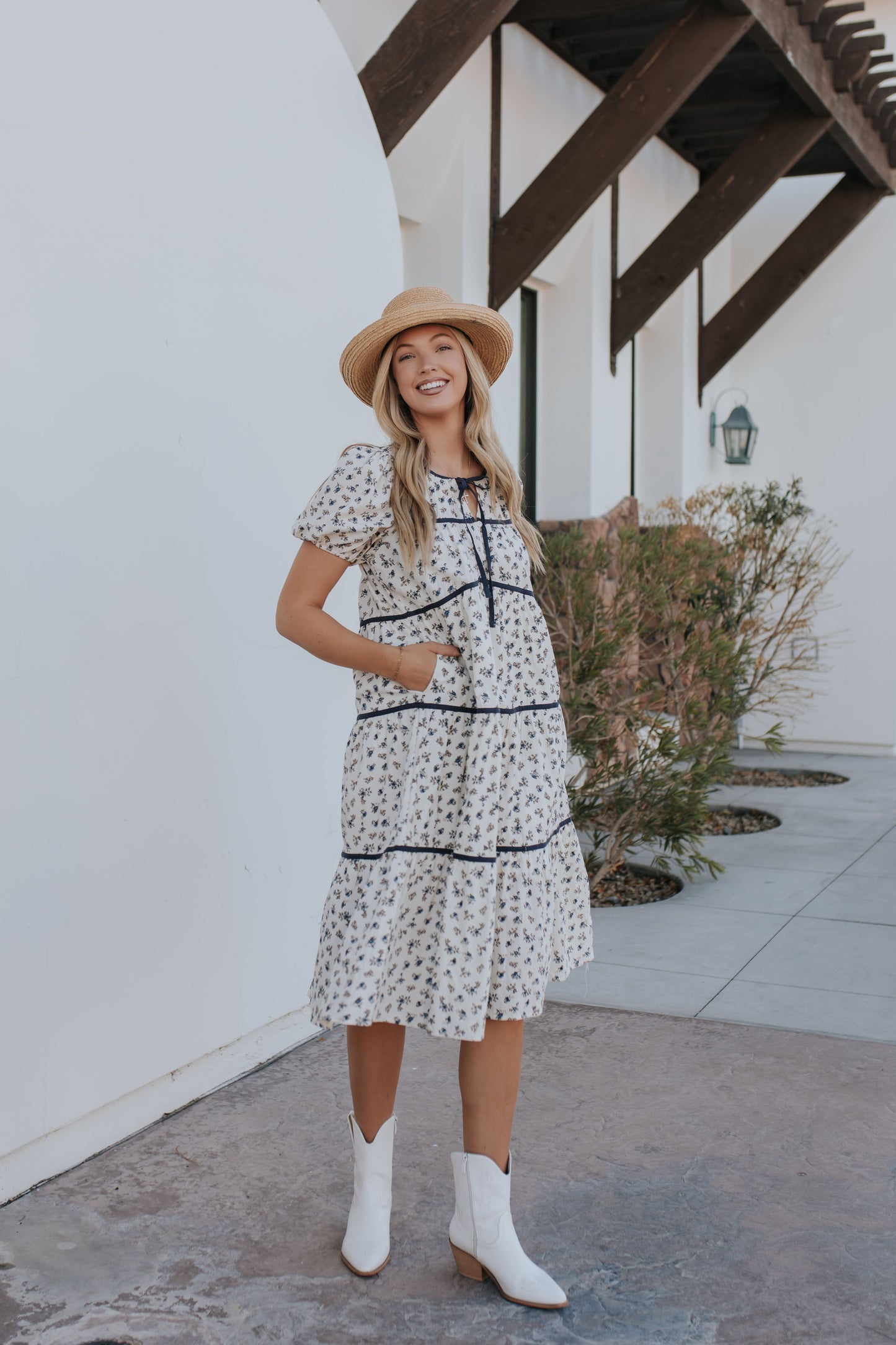 THE MARIANA FLORAL TIERED MIDI DRESS IN CREAM