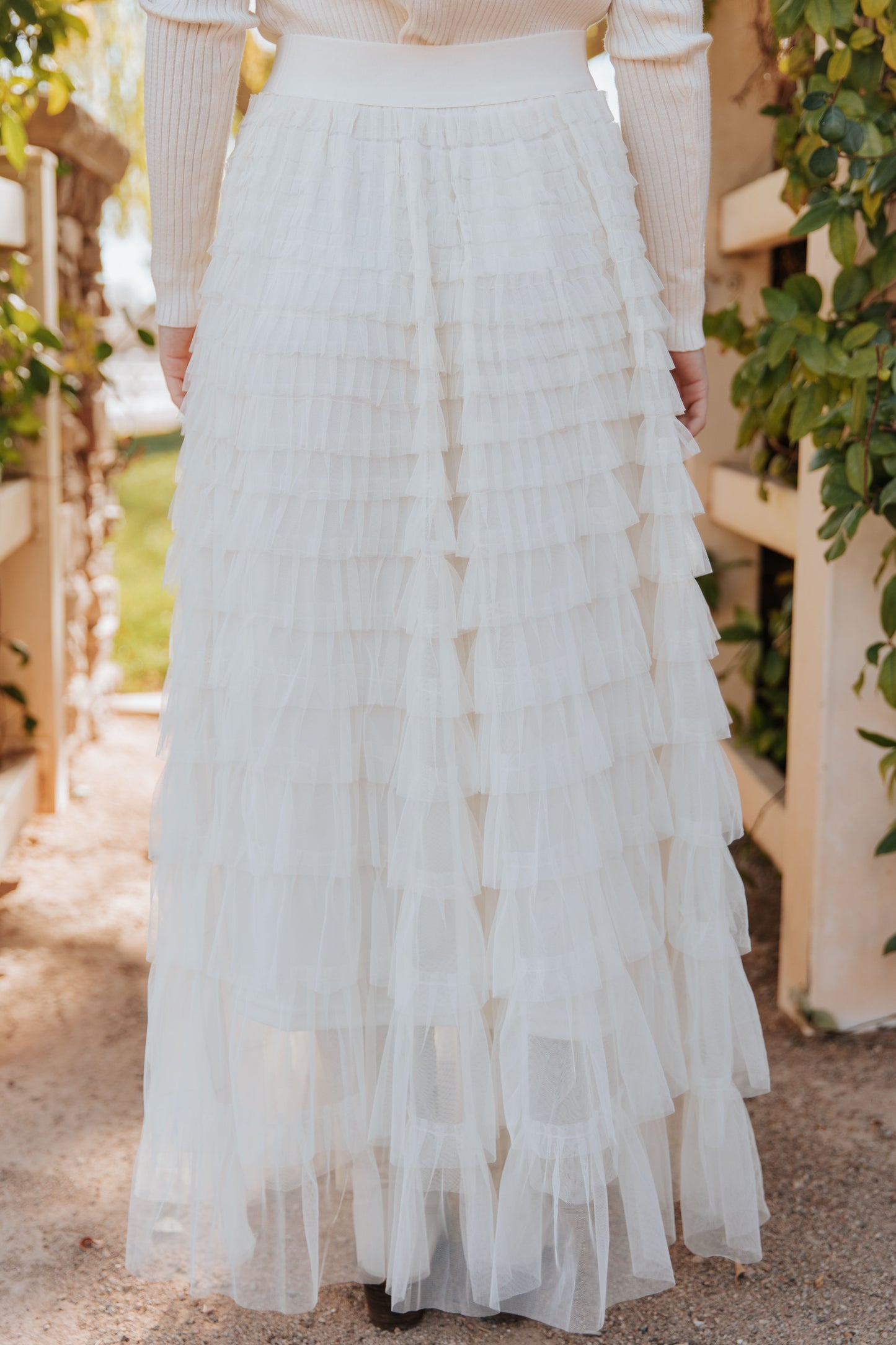 THE CASCADE TULLE TIERED MIDI SKIRT IN CREAM